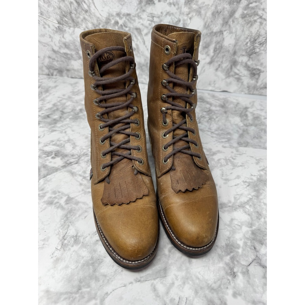 Justin Boots 🦋🤎🦋 Tan Leather Lace Up Kiltie Western festival boots -7 - Picture 3 of 8
